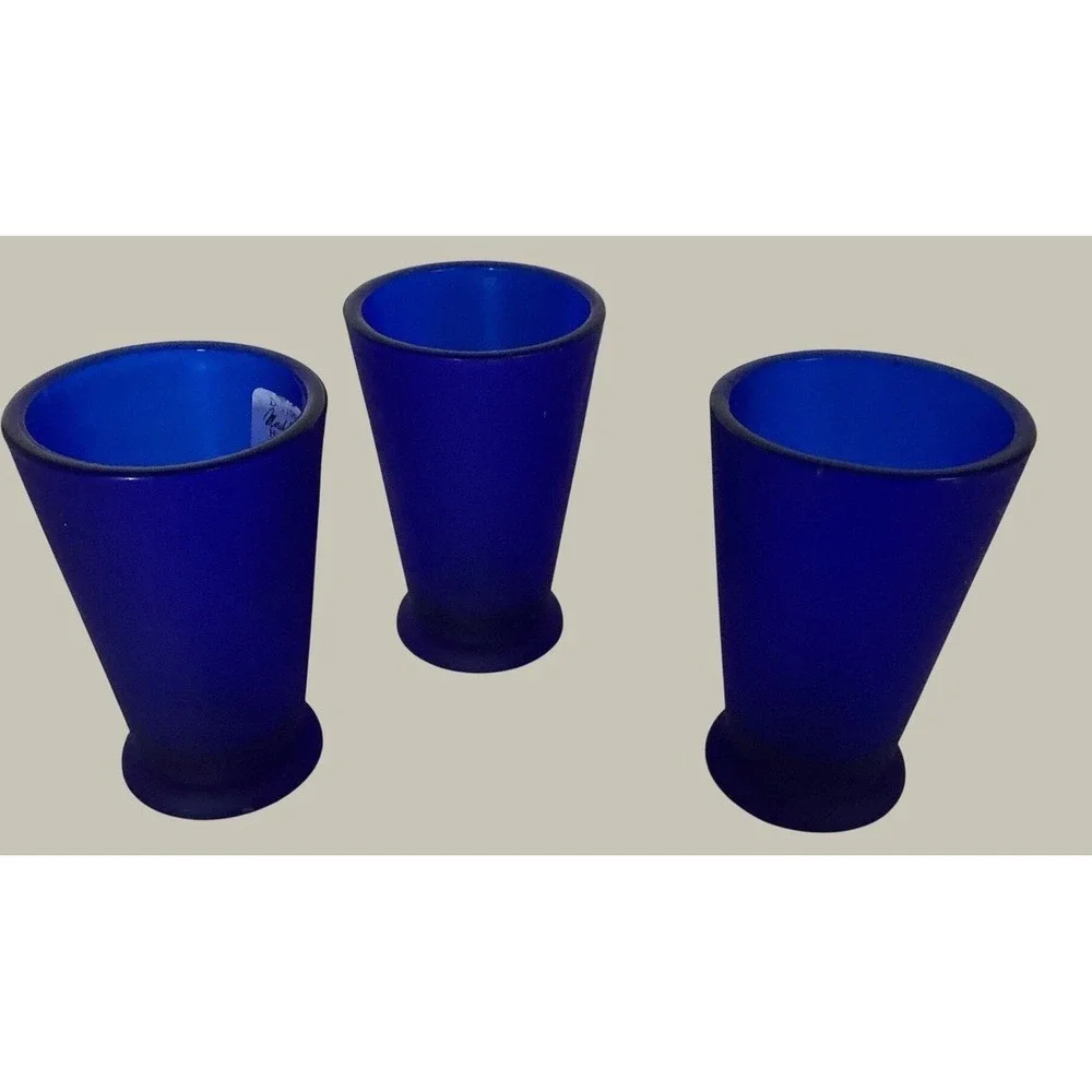 Cobalt Blue Frosted Glass Shot Glasses Set of 3 Tapered Conical Barware